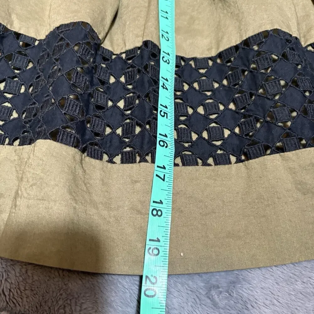 Ann Taylor LOFT Olive A-Line Skirt Black Lace Panel Size 0 Office Fall Earthy